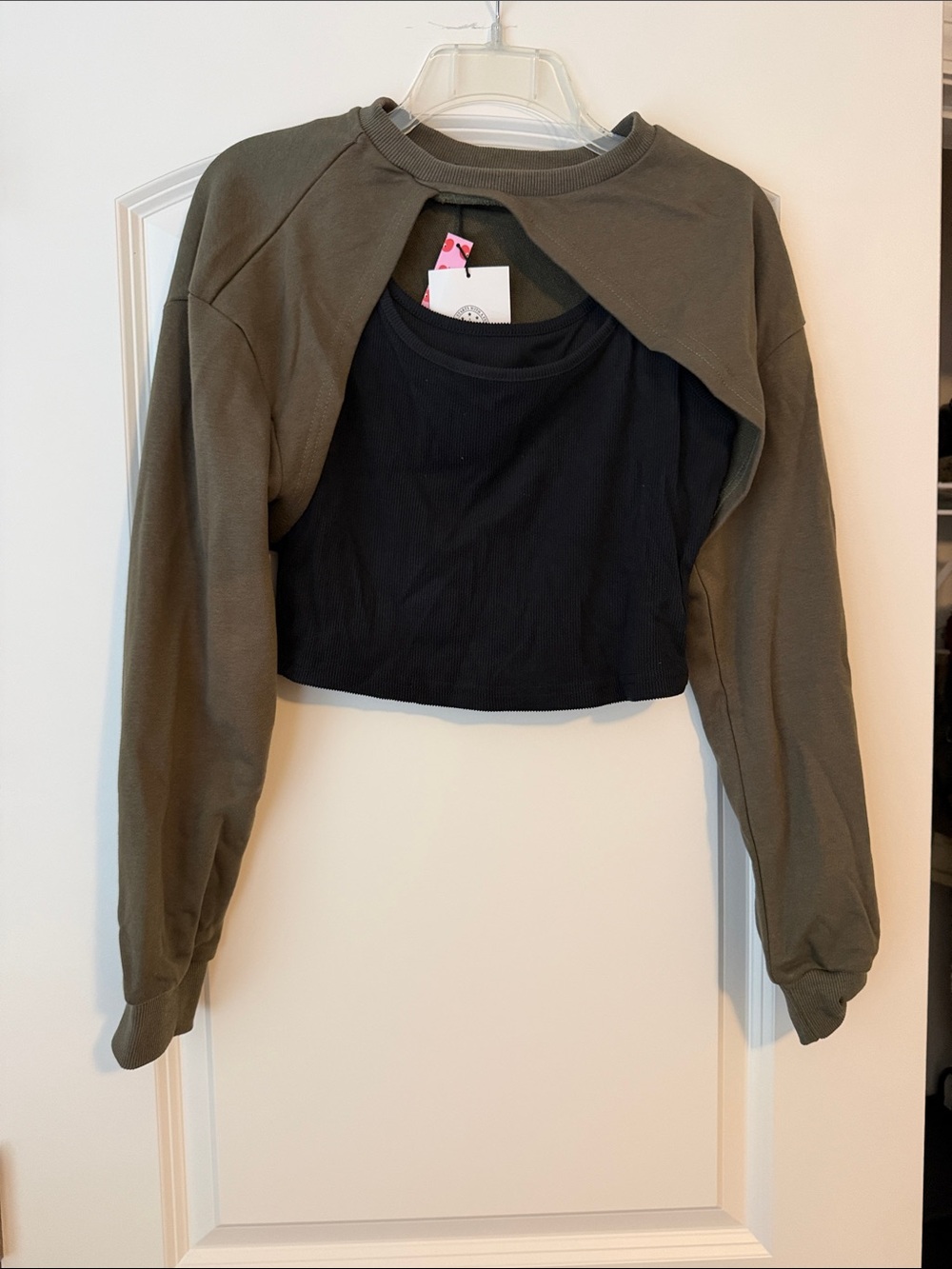 Women’s Cropped Black Tank with Olive Green Shrug
